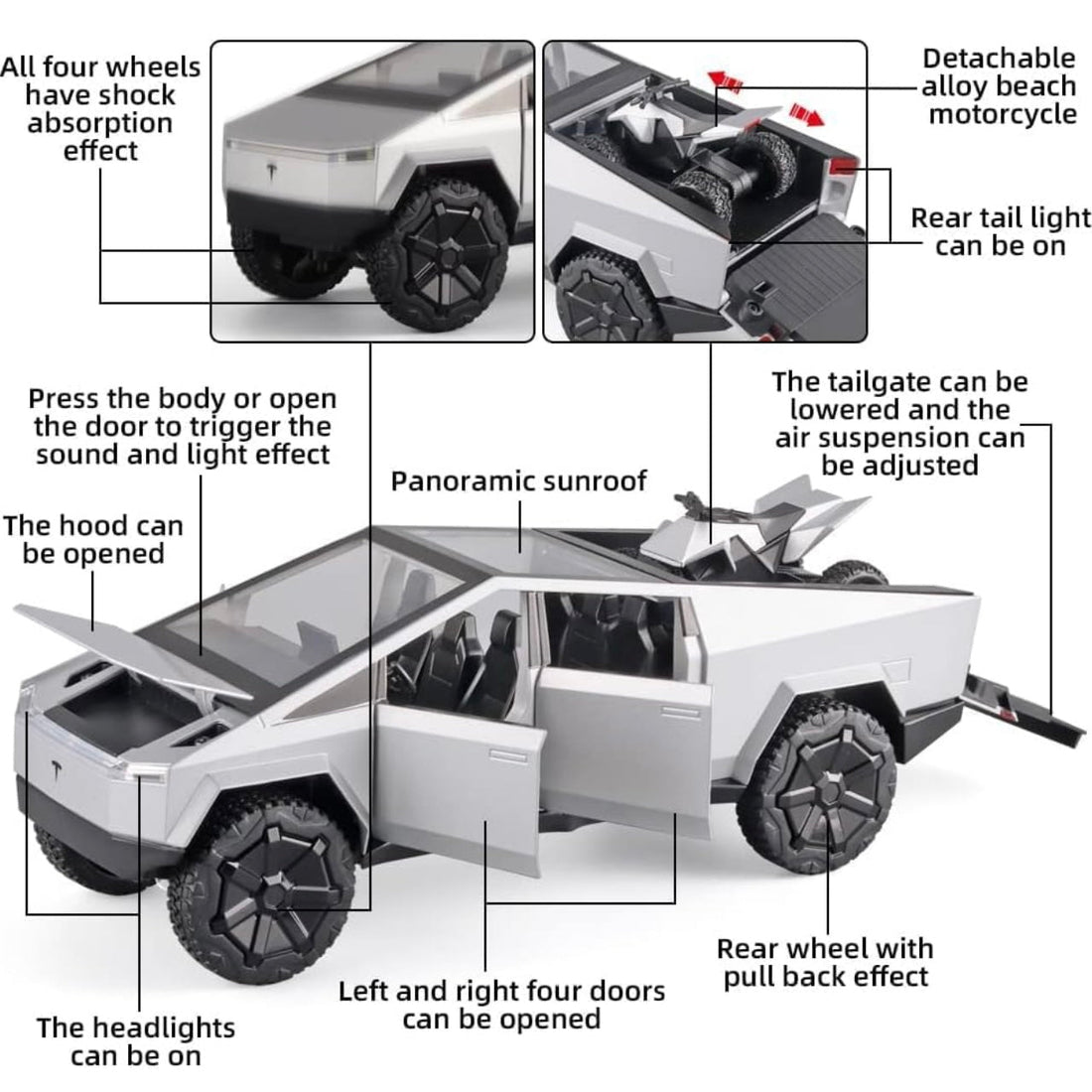 1:24 Tesla Cybertruck Pickup with Motorcycle – Diecast Alloy Toy Car with Lights & Sound